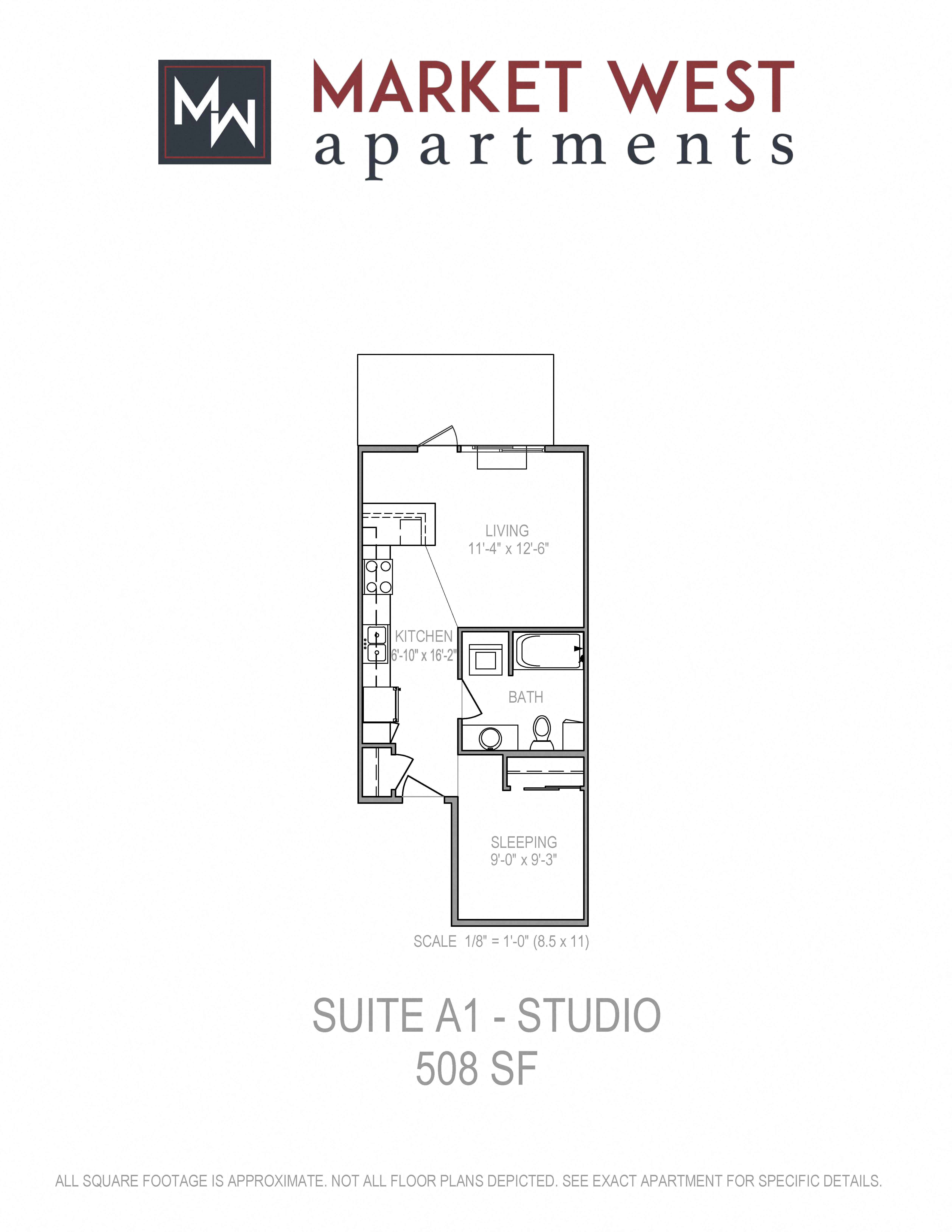 Floor plan for studio, 1 bath, 508 sqft